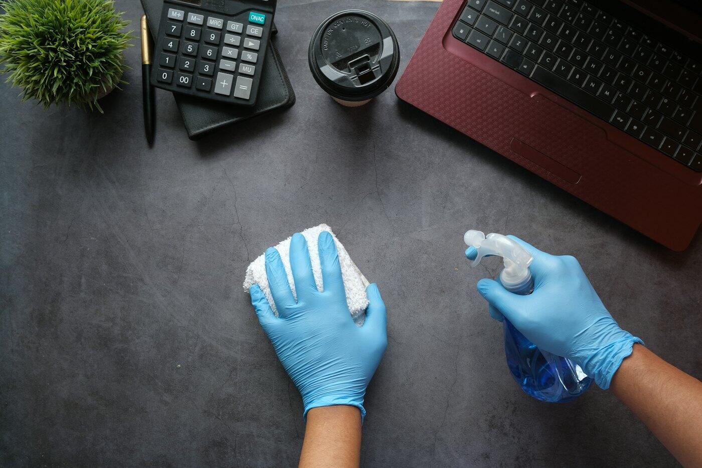 Gloved hands cleaning a desk surface with spray and cloth